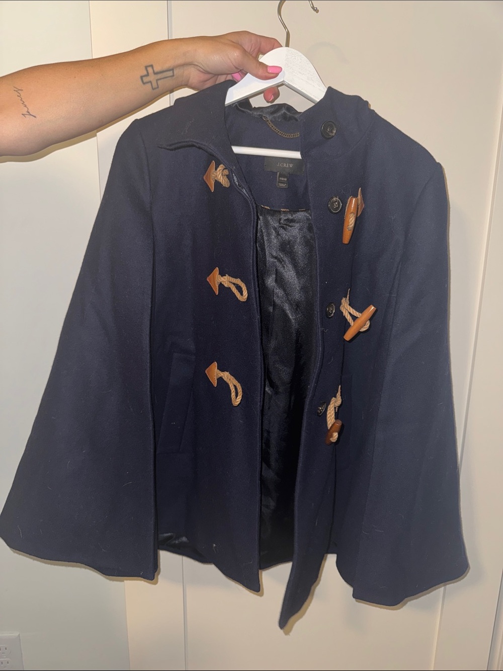 J. Crew Navy Wool Toggle Cape with Brown Leather Accents